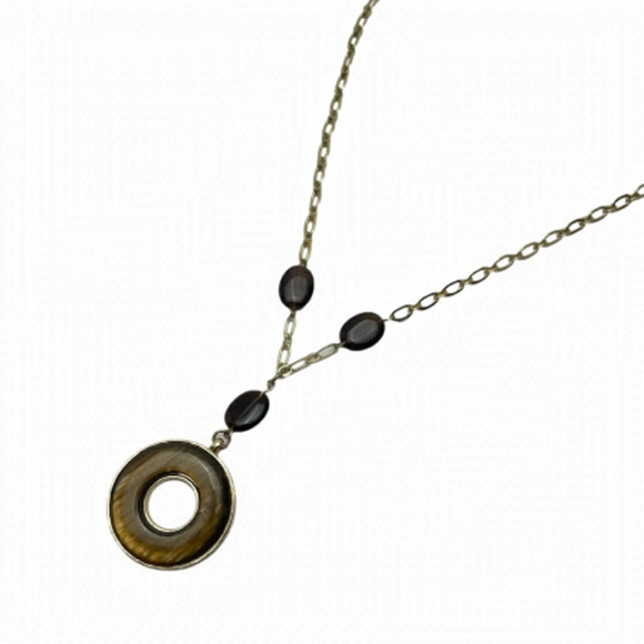 LARIAT Style Necklace 24” Gold Tone Striped Ring - Picture 1 of 8